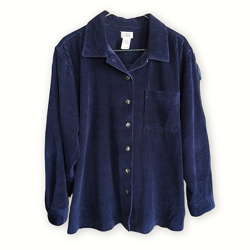 VTG L.L. Bean Wide Wale Corduroy Button Shirt Long Sleeve Navy Blue Women XL